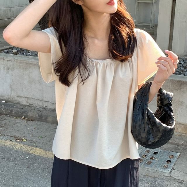 MIKIGA-Short-Sleeve Square Neck Plain Ruched Blouse
