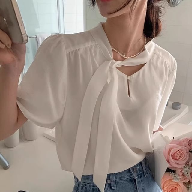 MIKIGA-Short-Sleeve Tie-Neck Plain Blouse