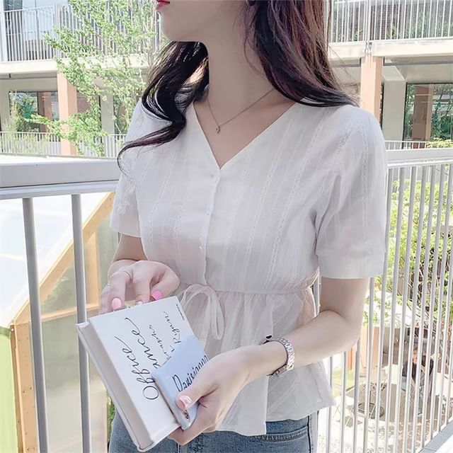 MIKIGA-Short-Sleeve V-Neck Button-Up Drawstring Blouse