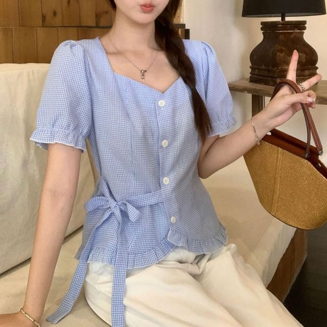 MIKIGA-Short-Sleeve V-Neck Button-Up Plain Top