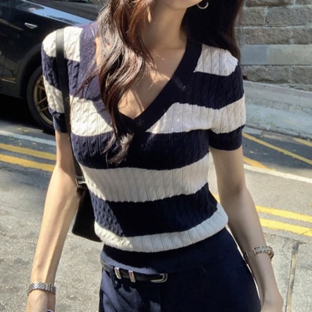 MIKIGA-Short-Sleeve V-Neck Cable Knit Top