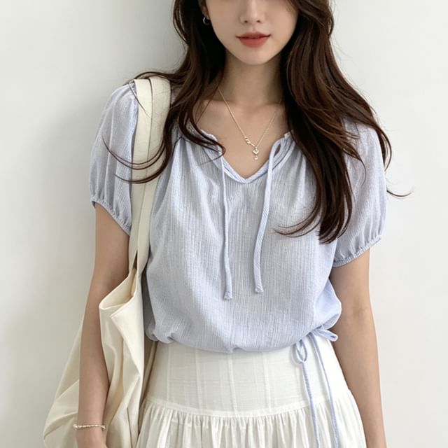 MIKIGA-Short-Sleeve V-Neck Plain Crop Blouse