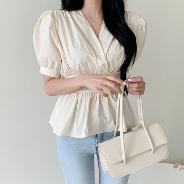 MIKIGA-Short Sleeve V-Neck Plain Wrap Blouse