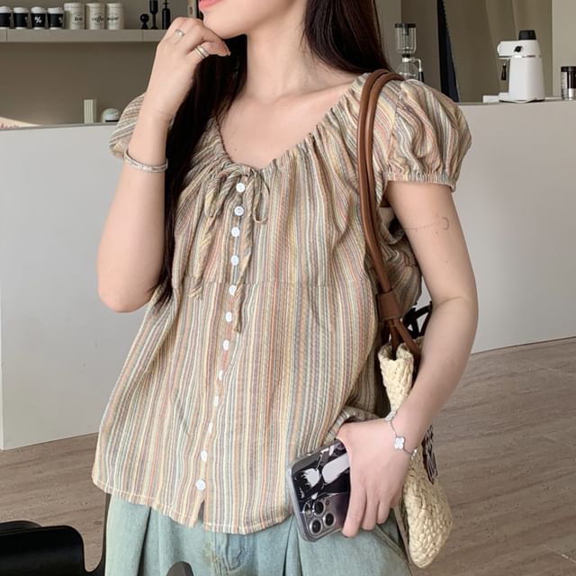 MIKIGA-Short-Sleeve V-Neck Striped Button-Up Blouse