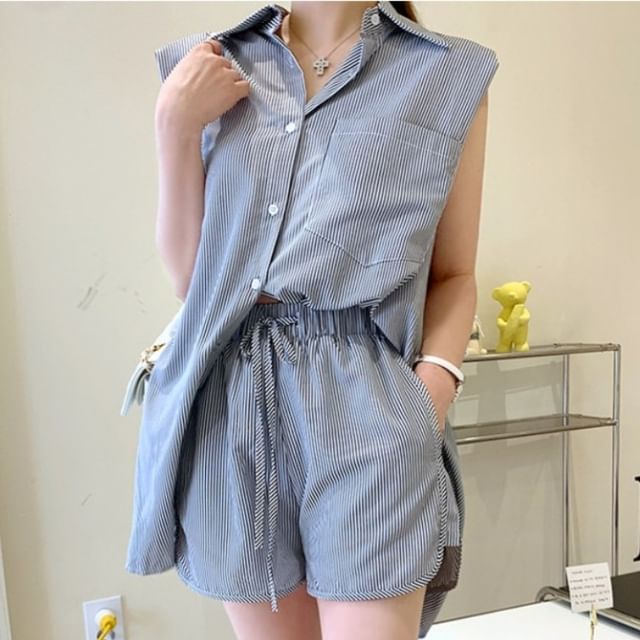 MIKIGA-Sleeveless Collared Striped Shirt Drawstring Waist Shorts