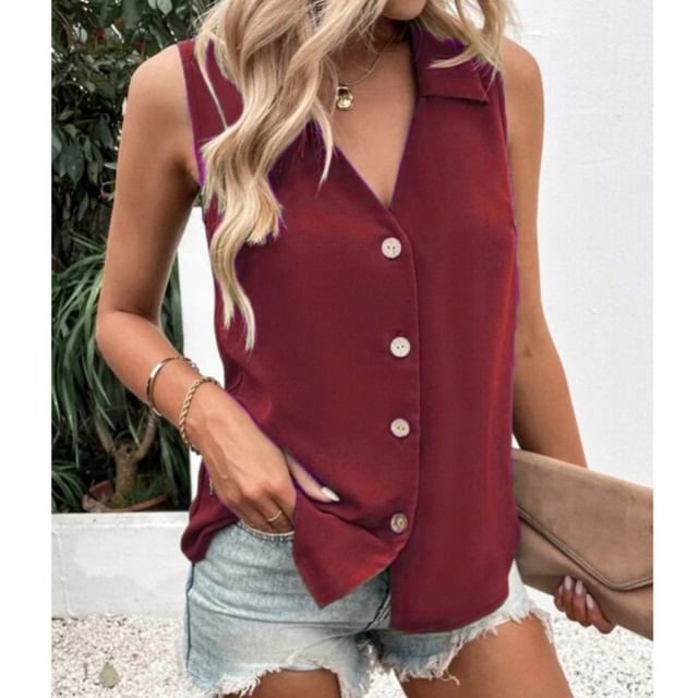 MIKIGA-Sleeveless V-Neck Collared Plain Button Up Top