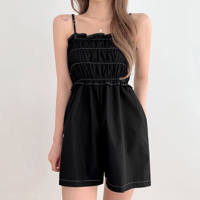 MIKIGA-Spaghetti Strap Contrast Stitching Loose Fit Romper
