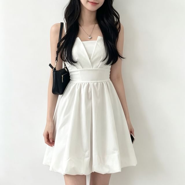 MIKIGA-Spaghetti Strap Plain Cutout Back Mini A-Line Dress
