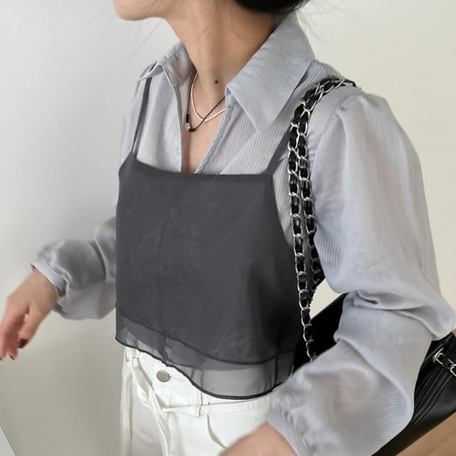 MIKIGA-Spaghetti Strap Plain Sheer Crop Camisole Top