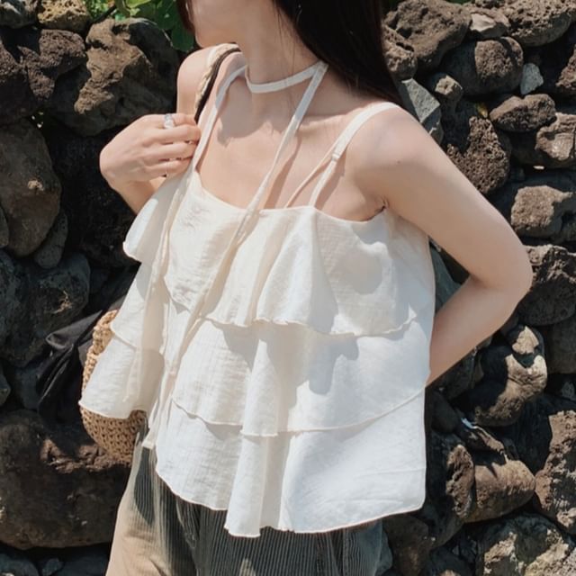 MIKIGA-Spaghetti Strap Scoop Neck Plain Ruffle Trim Cami Top