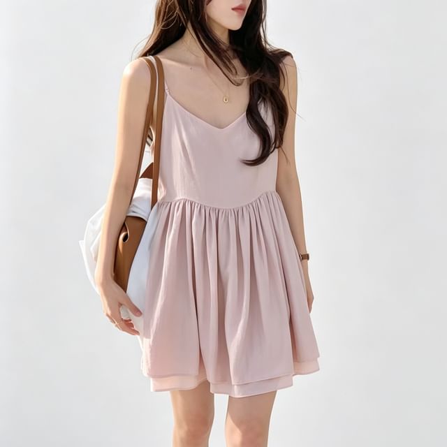 MIKIGA-Spaghetti Strap V-Neck Plain Layered Mini A-Line Dress