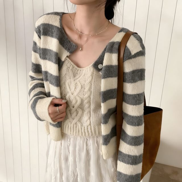 MIKIGA-Square Neck Awning Striped Button-Up Crop Cardigan