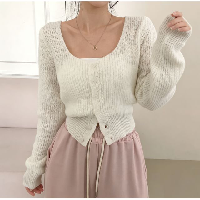 MIKIGA-Square Neck Button-Up Plain Crop Cardigan