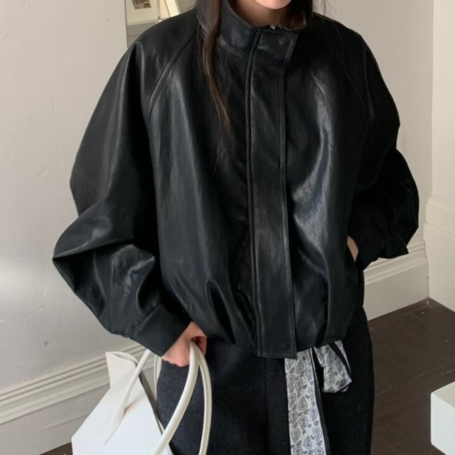 MIKIGA-Stand Collar Faux Leather Zip Jacket