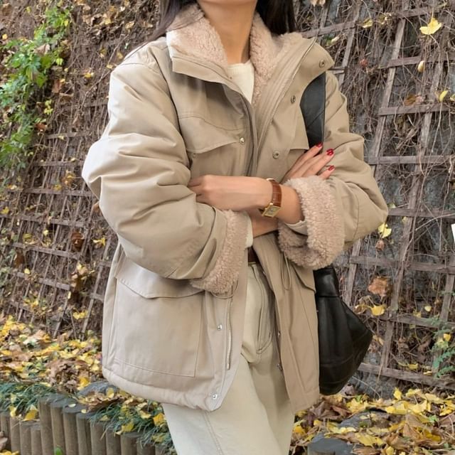 MIKIGA-Stand Collar Fleece-Lined Zip-Up Jacket