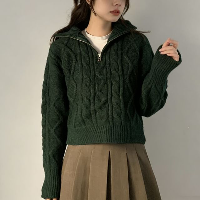 MIKIGA-Stand Collar Half-Zip Plain Cable Knit Crop Sweater