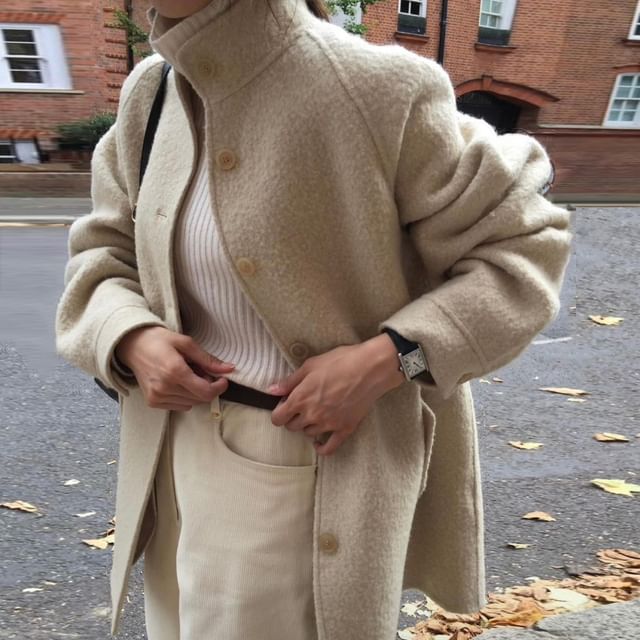 MIKIGA-Stand Collar Plain Button Coat