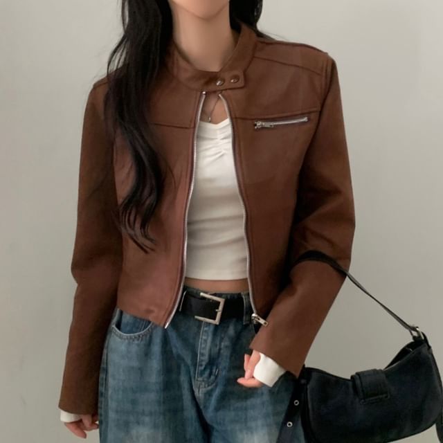 MIKIGA-Stand Collar Plain Faux Suede Crop Zip Jacket