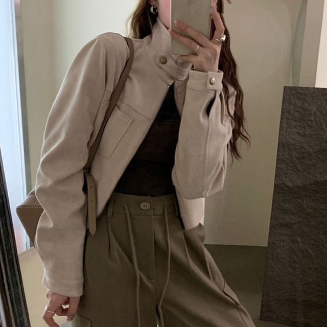 MIKIGA-Stand Collar Plain Faux Suede Zip Jacket