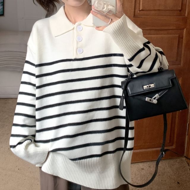 MIKIGA-Striped Polo Sweater