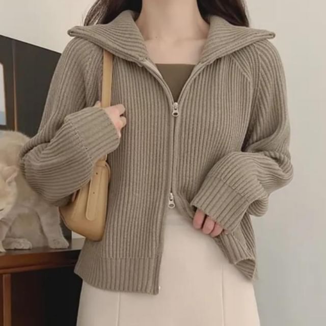 MIKIGA-Turtleneck Plain Cable Knit Zip Cardigan