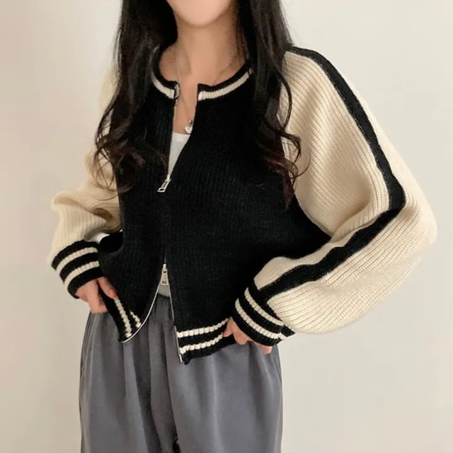 MIKIGA-Two Tone Zip-Up Cardigan