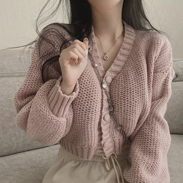 MIKIGA-V-Neck Button-Up Plain Cardigan