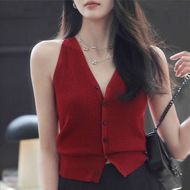MIKIGA-V-Neck Button-Up Plain Knit Vest