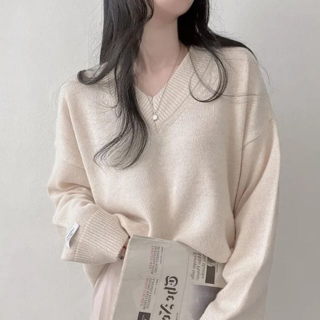 MIKIGA-V-Neck Drop Shoulder Plain Sweater