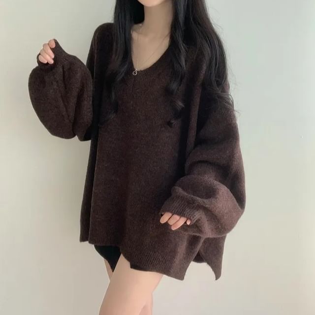 MIKIGA-V-Neck Drop Shoulder Plain Sweater