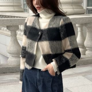 MIKIGA-V-Neck Plaid Single Breasted Jacket