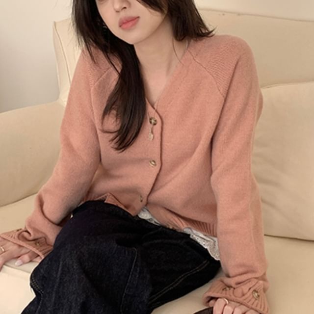 MIKIGA-V-Neck Plain Button Up Cardigan