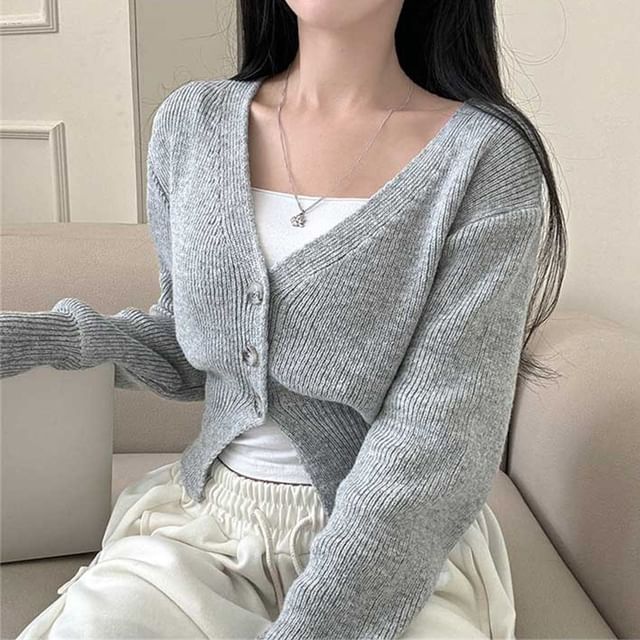 MIKIGA-V-Neck Plain Button Up Crop Cardigan
