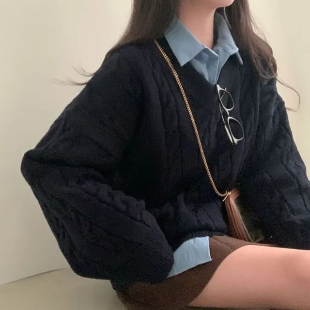 MIKIGA-V-Neck Plain Cable Knit Sweater