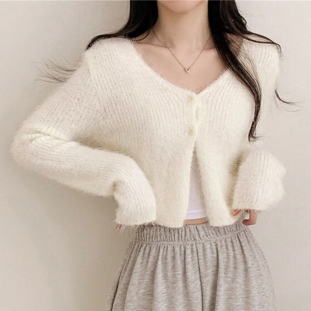 MIKIGA-V-Neck Plain Crop Cardigan