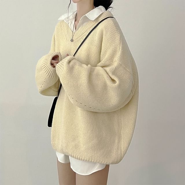 MIKIGA-V-Neck Plain Oversized Sweater