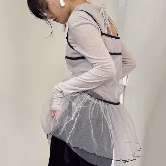MIKIGA-V-Neck Sheer Ruffle Camisole Top