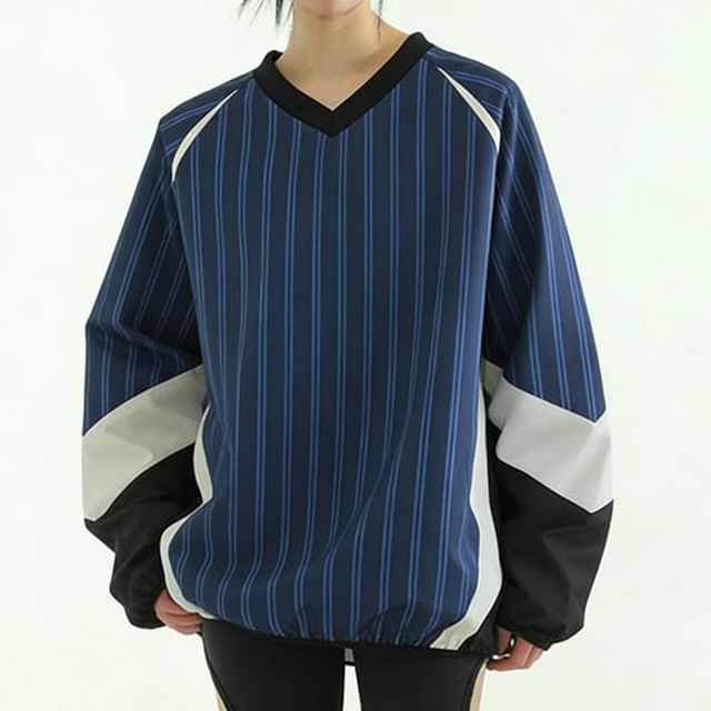 MIKIGA-V-Neck Striped Oversized Sweatshirt