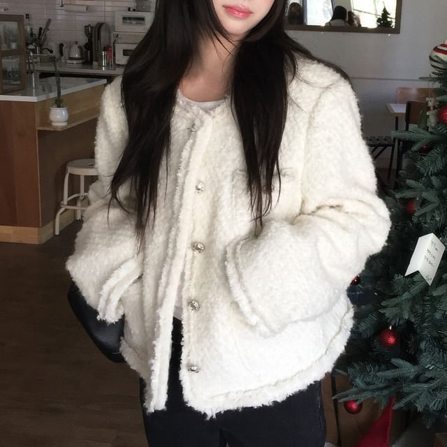 MIKIGA-V-Neck Tweed Button-Up Jacket