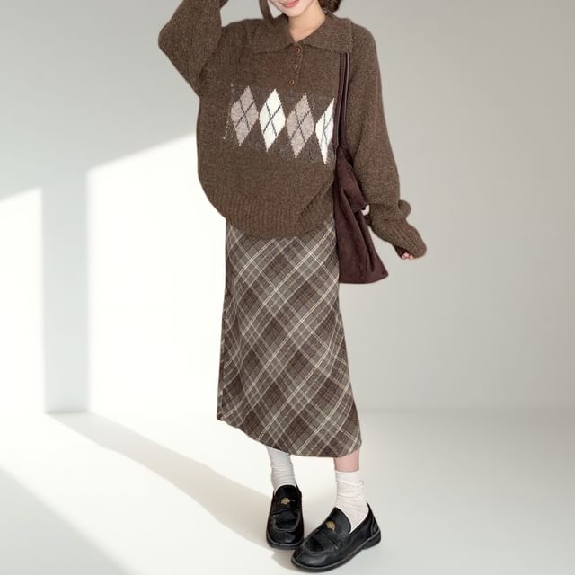 Mikiko-Argyle Polo Sweater Tartan Pencil Skirt