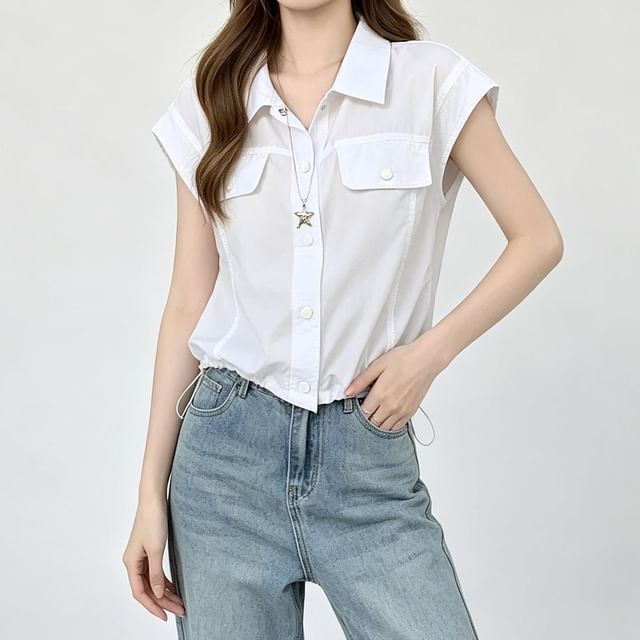 Mikiko-Cap-Sleeve Plain Drawstring Hem Pocket Shirt