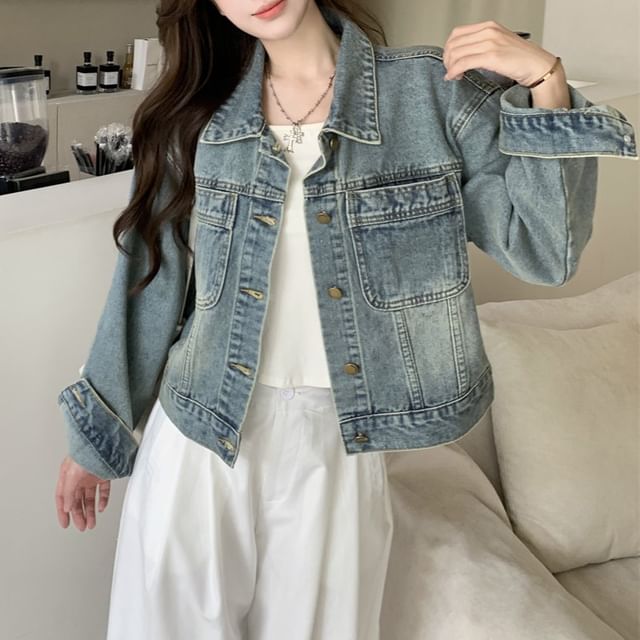 Mikiko-Collar Washed Denim Button Jacket