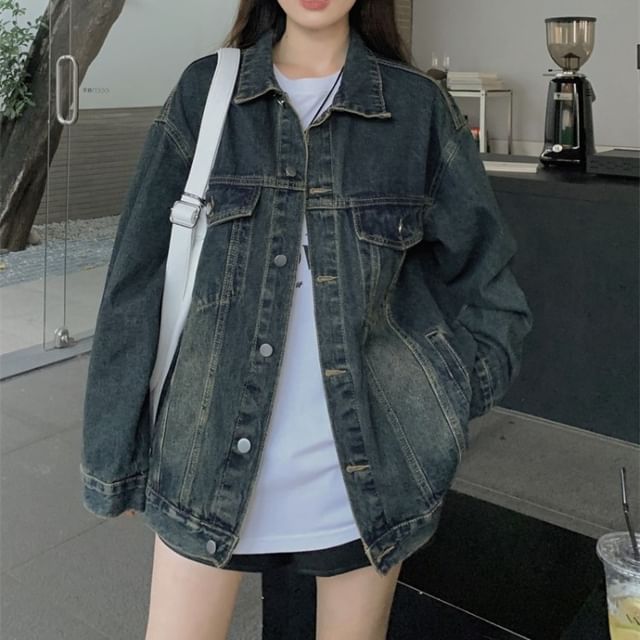 Mikiko-Collared Washed Button Denim Jacket