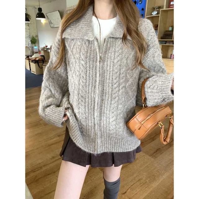 Mikiko-Collared Zip-Up Plain Cable Knit Cardigan