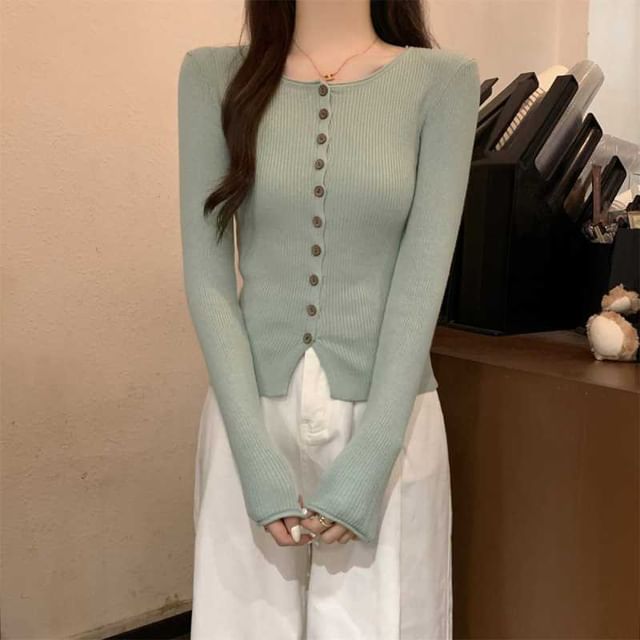 Mikiko-Crew Neck Button-Up Plain Cardigan