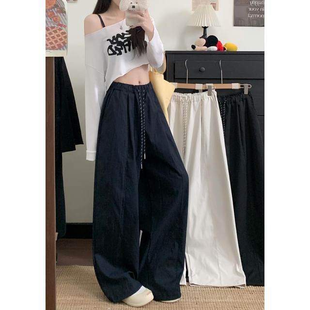 Mikiko-Drawstring Waist Plain Wide Leg Pants