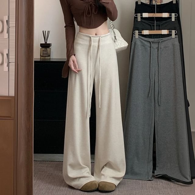 Mikiko-Drawstring Waist Plain Wide Leg Pants