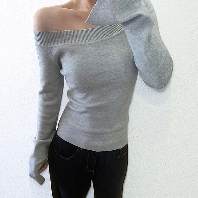 Mikiko-Flared-Cuff Boat Neck Plain Knit Top