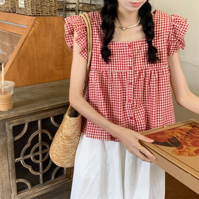 Mikiko-Flutter Sleeve Square Neck Plaid Blouse