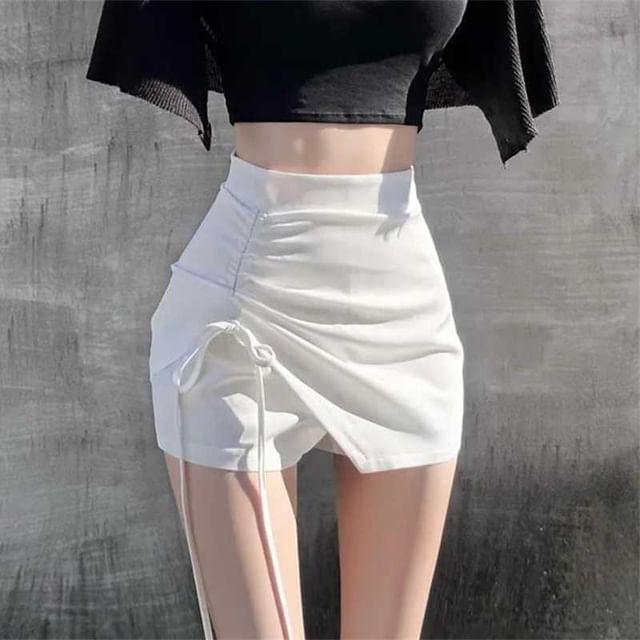 Mikiko-High Waist Plain Drawstring Skorts